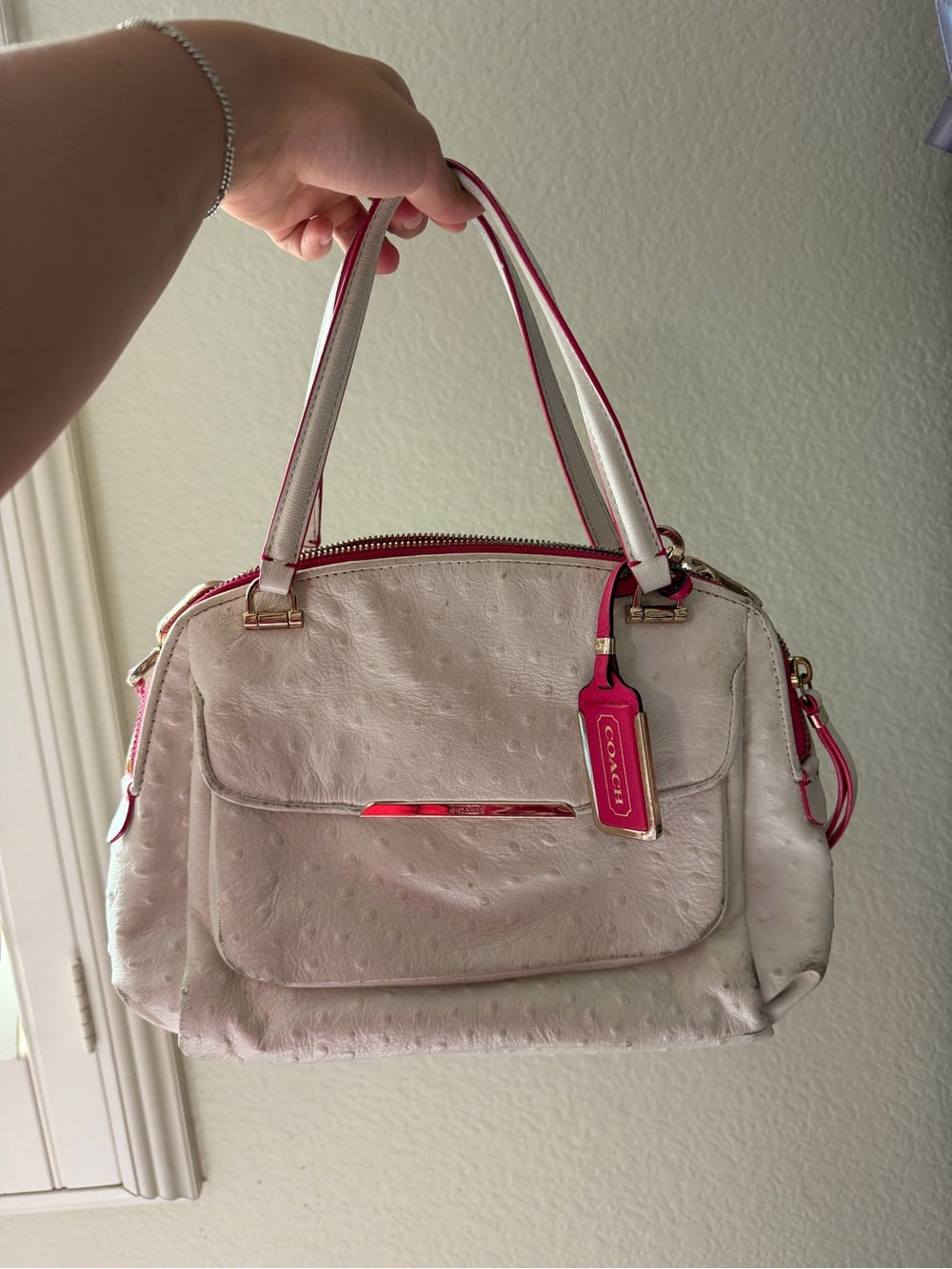 Coach White Leather Satchel with Pink Trim